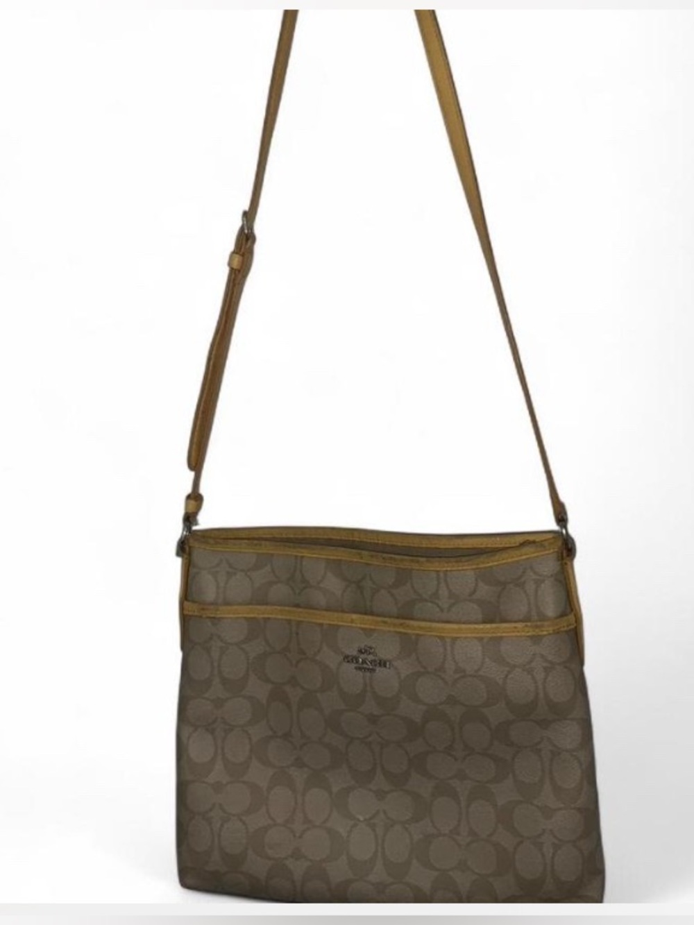 Coach Khaki and Yellow Trim Signature Crossbody Bag